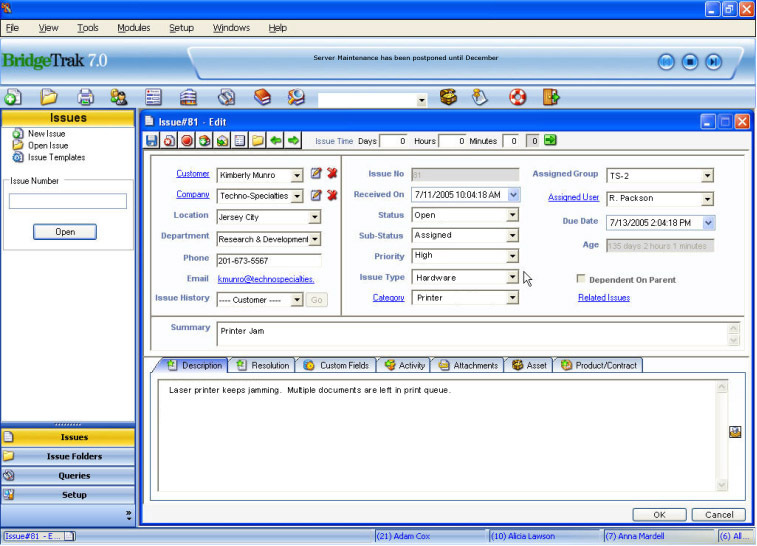 BridgeTrak Help Desk Software Screenshot